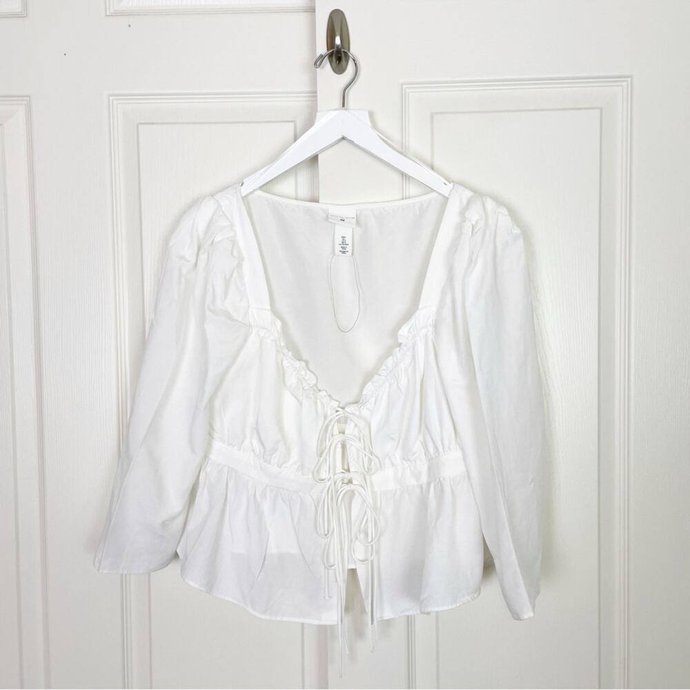 Brock Collection x H&M Tie Front Ivory Blouse Linen Blend 3/4 Sleeve NWOT Sz L - Picture 3 of 10